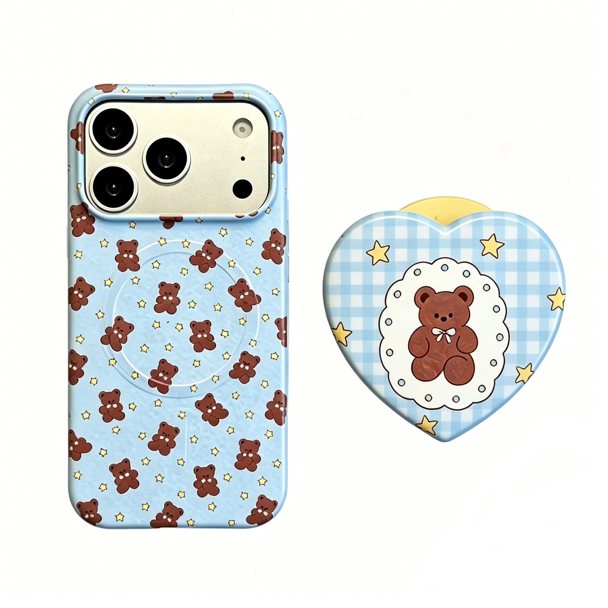 CasePoppi camera lens protector featuring a teddy bear surrounded by blueberries and sweet bakery-themed doodles.