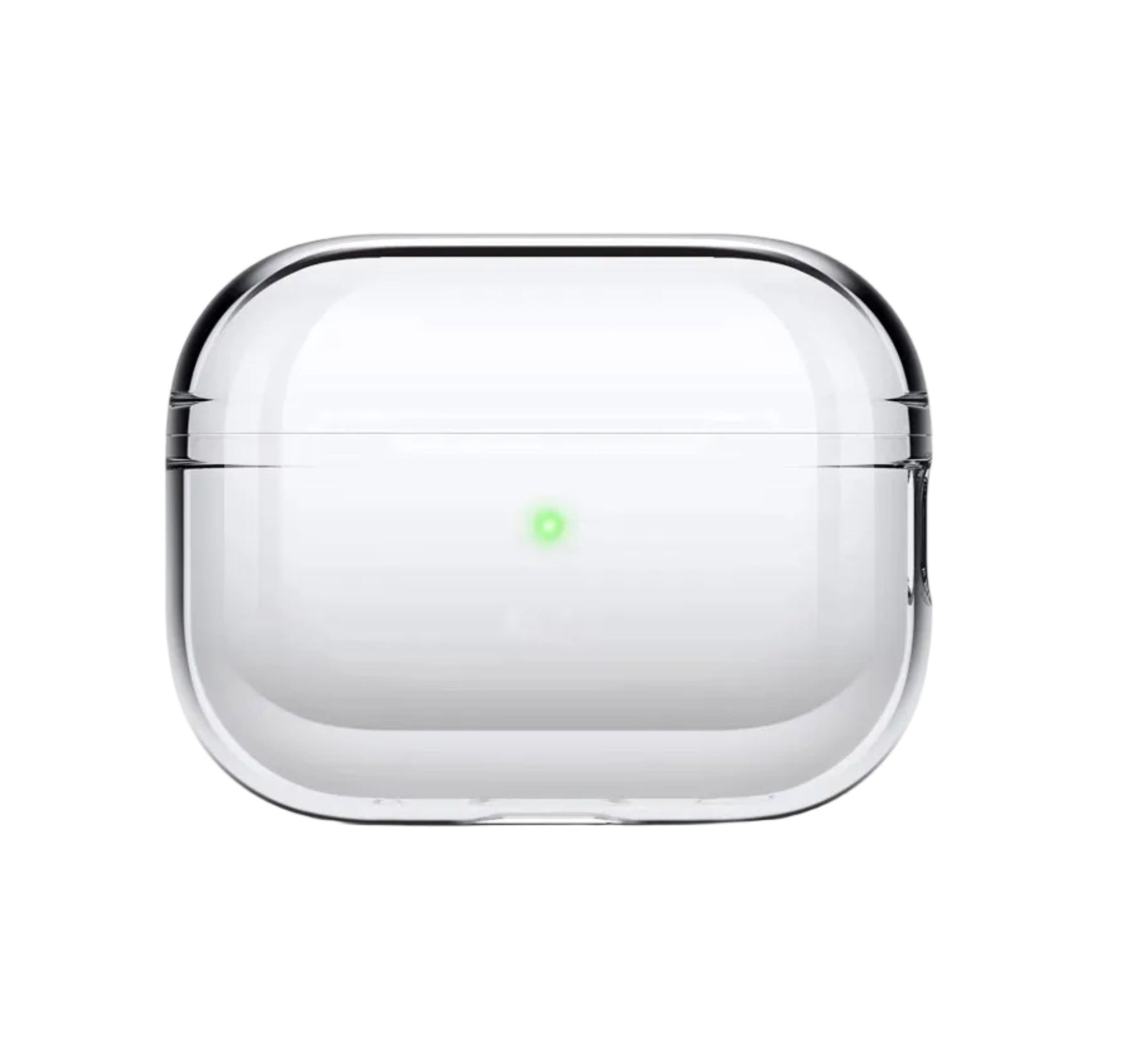Clear plastic case with a green light on a white background
