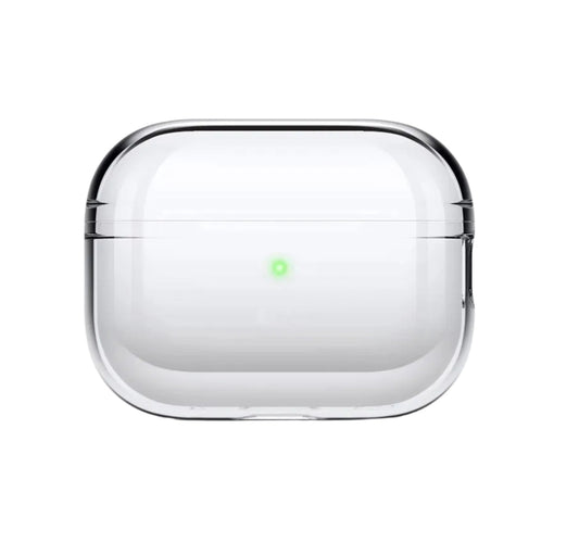 Clear plastic case with a green light on a white background