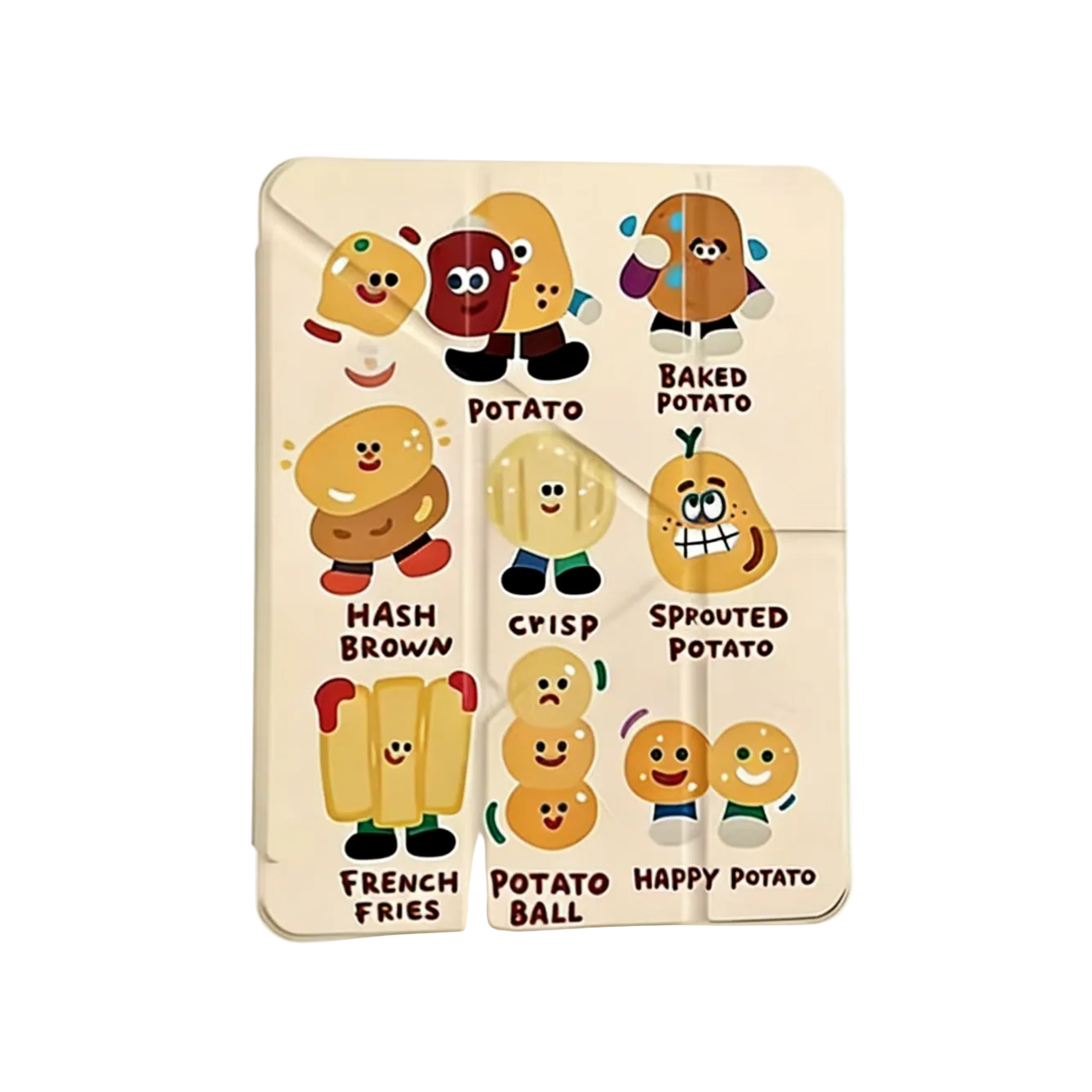 Wooden puzzle with cartoon potato characters on a beige background