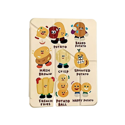 Wooden puzzle with cartoon potato characters on a beige background