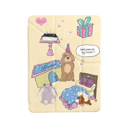Illustrated blanket with cartoon characters and text on a beige background