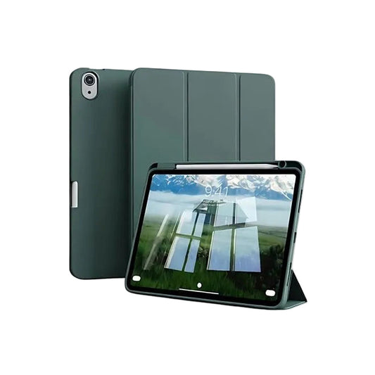 Green tablet case with a reflective screen on a white background