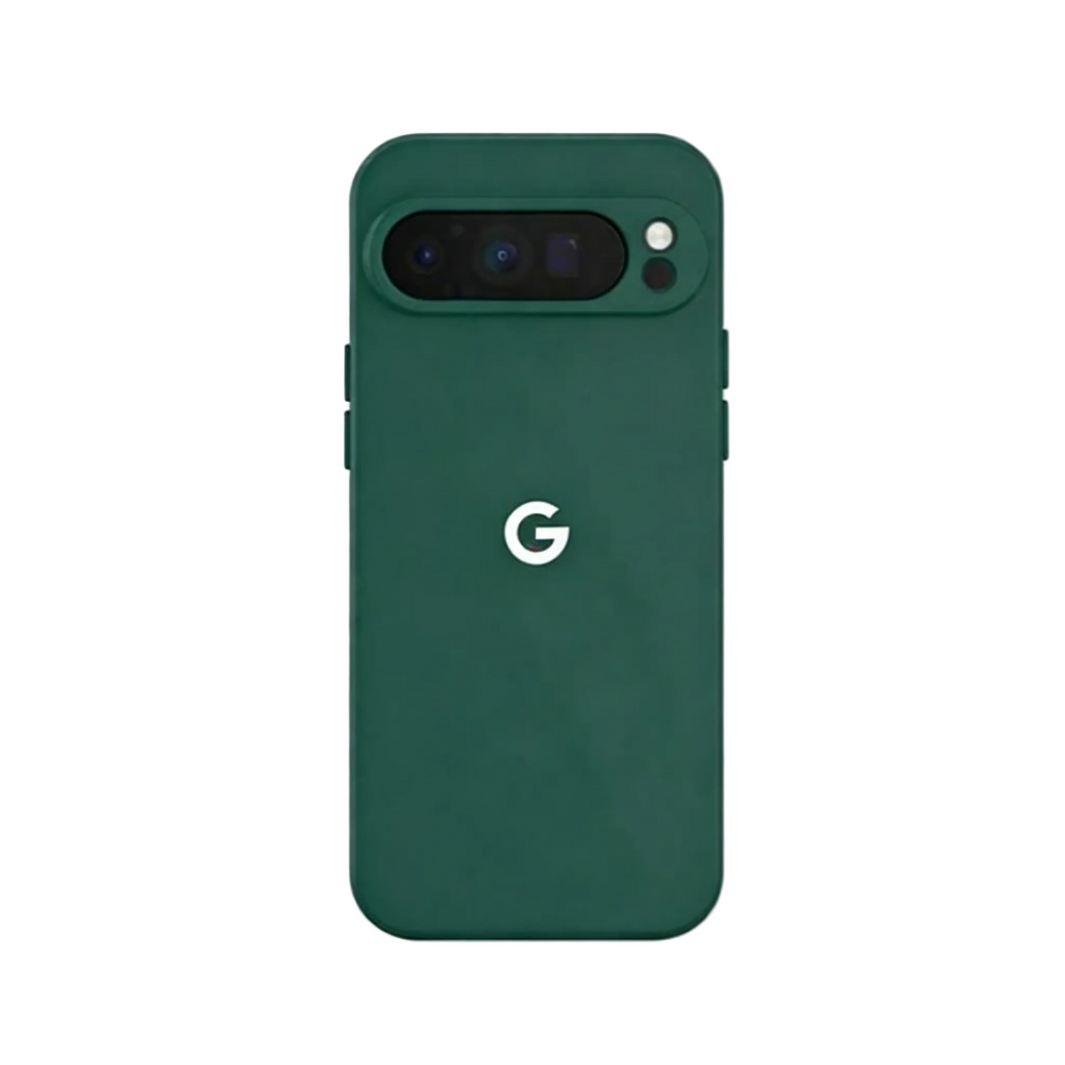 Dark green matte phone case for Google Pixel 10 Pro and Pixel 10, protective silicone cover with official G logo and camera visor bar.