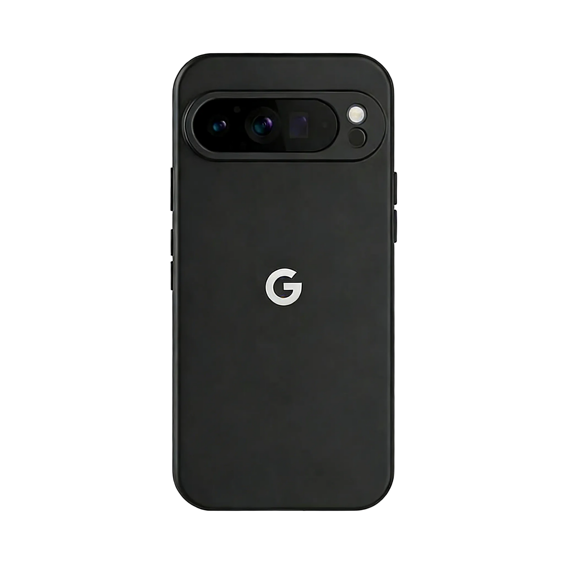 Matte black phone case for Google Pixel 10 Pro and Pixel 9, sleek silicone cover with official G logo and protective camera visor bar.