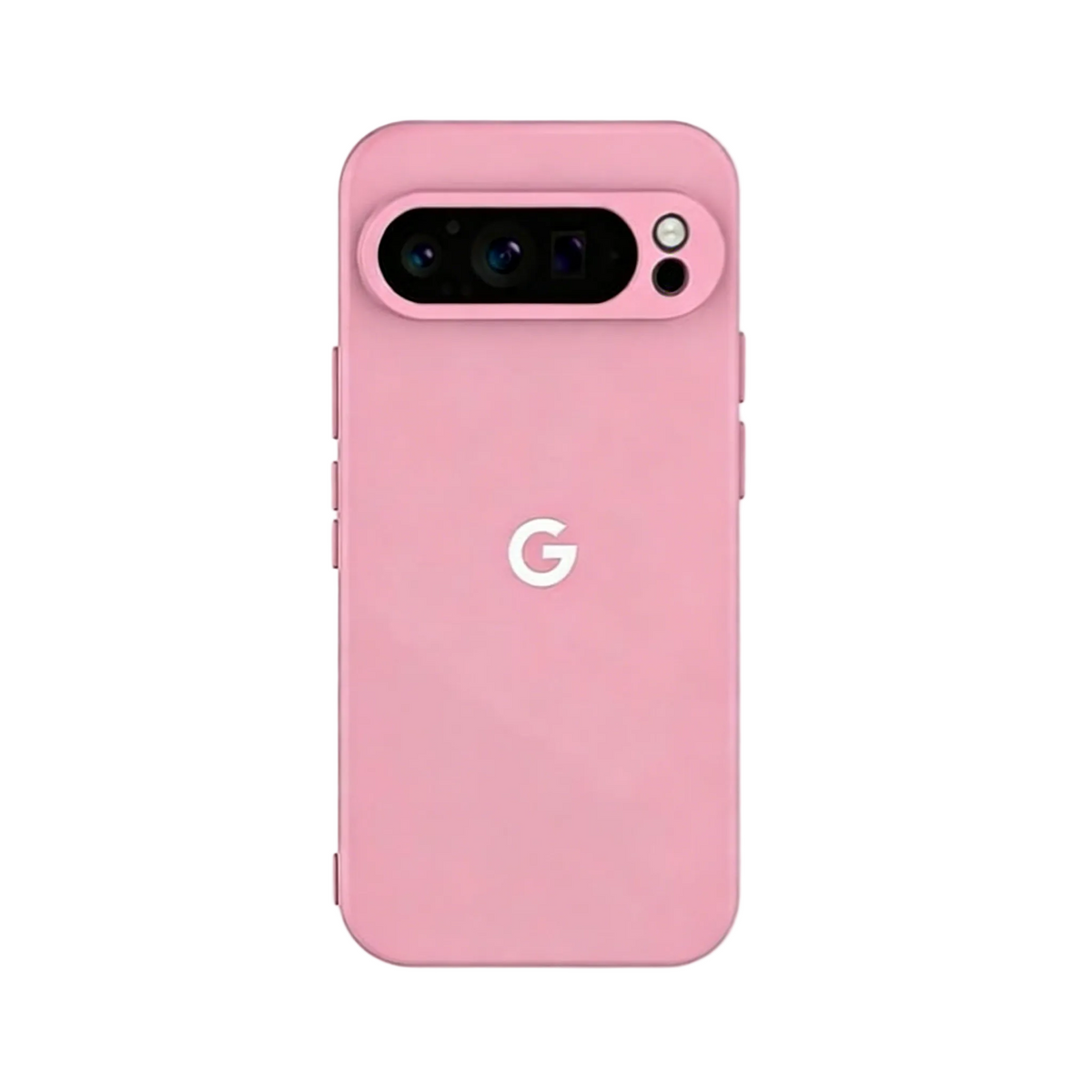 Pastel pink phone case for Google Pixel 10 Pro and Pixel 9, soft silicone cover with official G logo and protective camera visor bar.