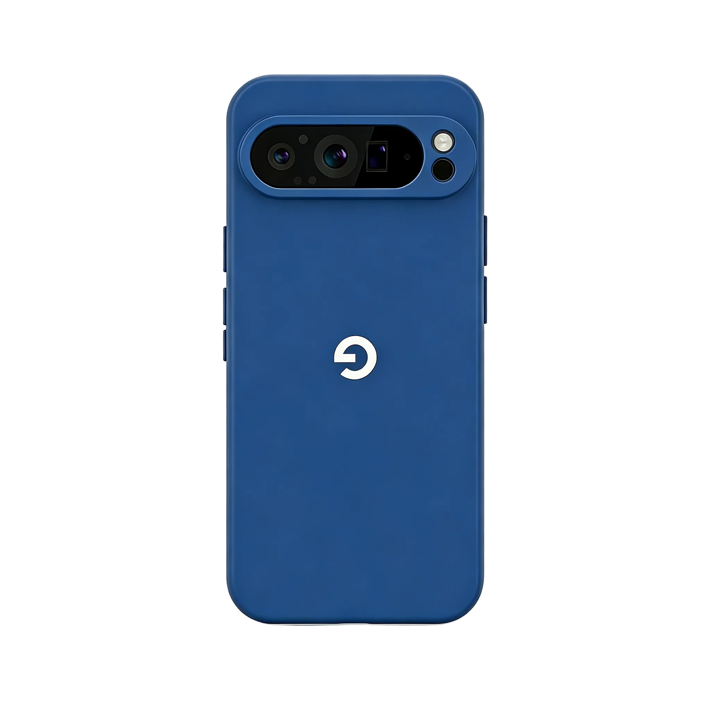 Navy blue phone case for Google Pixel 10 Pro and Pixel 9, sleek matte silicone cover with official G logo and protective camera visor bar.