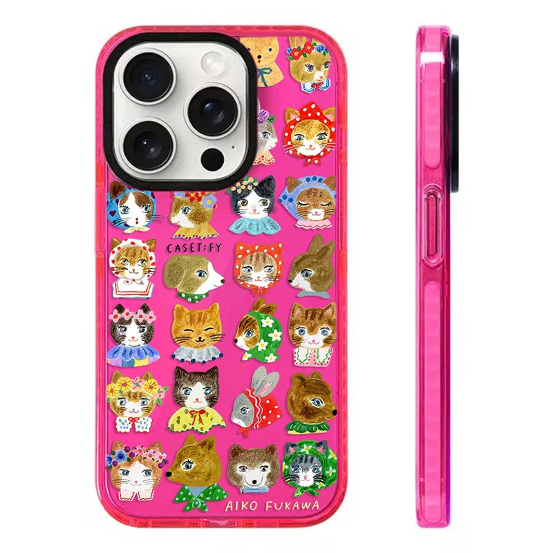 A lively pink phone case featuring a mix of cute animal faces such as cats, bunnies, and dogs in vibrant outfits. This case is perfect for those who love a playful and bold design with a pop of color.