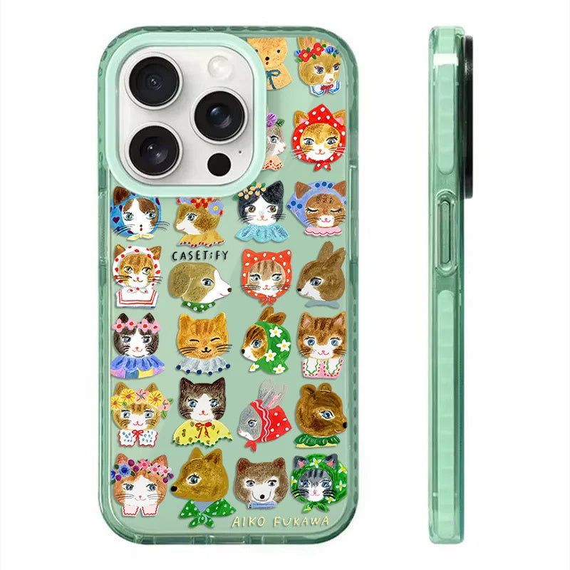 This phone case boasts a soft green background adorned with charming animal faces, including cats, bunnies, and dogs, each wearing adorable outfits. A sweet and colorful design for a cheerful look.