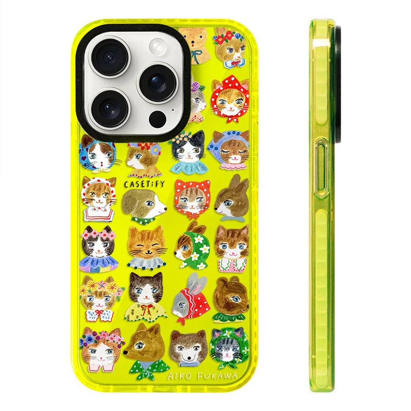 A bright yellow phone case with a whimsical pattern of animal faces, such as cats, dogs, and bunnies, each dressed in colorful clothing. Ideal for adding a fun and bold pop of color to your phone.