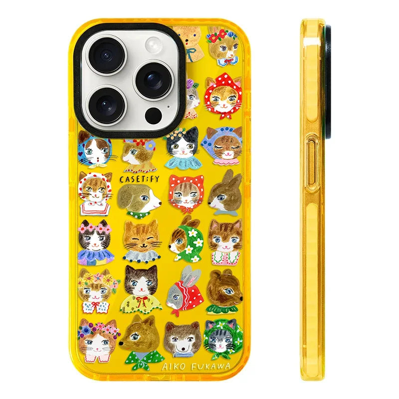 A vibrant yellow phone case showcasing a playful mix of cute animal faces, such as cats, dogs, and bunnies, all wearing charming accessories. This case adds a bold pop of color and personality to your phone.