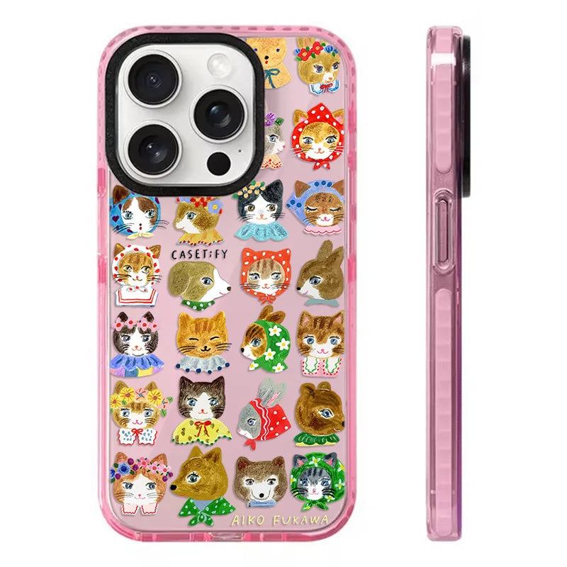 A soft pink phone case featuring an adorable assortment of hand-drawn animal faces, including cats, dogs, and bunnies, all dressed in colorful outfits. A fun and sweet design perfect for animal lovers.