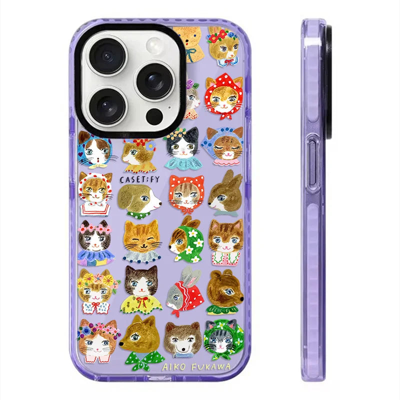 A playful phone case with a soft purple backdrop, showcasing a variety of animal faces like cats, dogs, and bunnies, each wearing adorable clothes. Perfect for those who love cute and colorful designs.