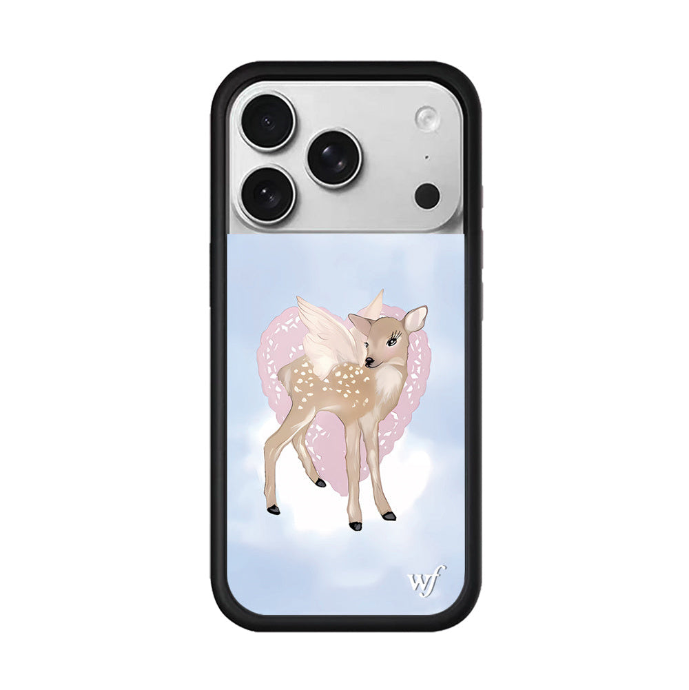 Magical and ethereal Balletcore aesthetic phone case for iPhone 17 featuring a detailed illustration of a whimsical winged deer with spots standing on a delicate pink lace doily heart against a cloudy blue sky.