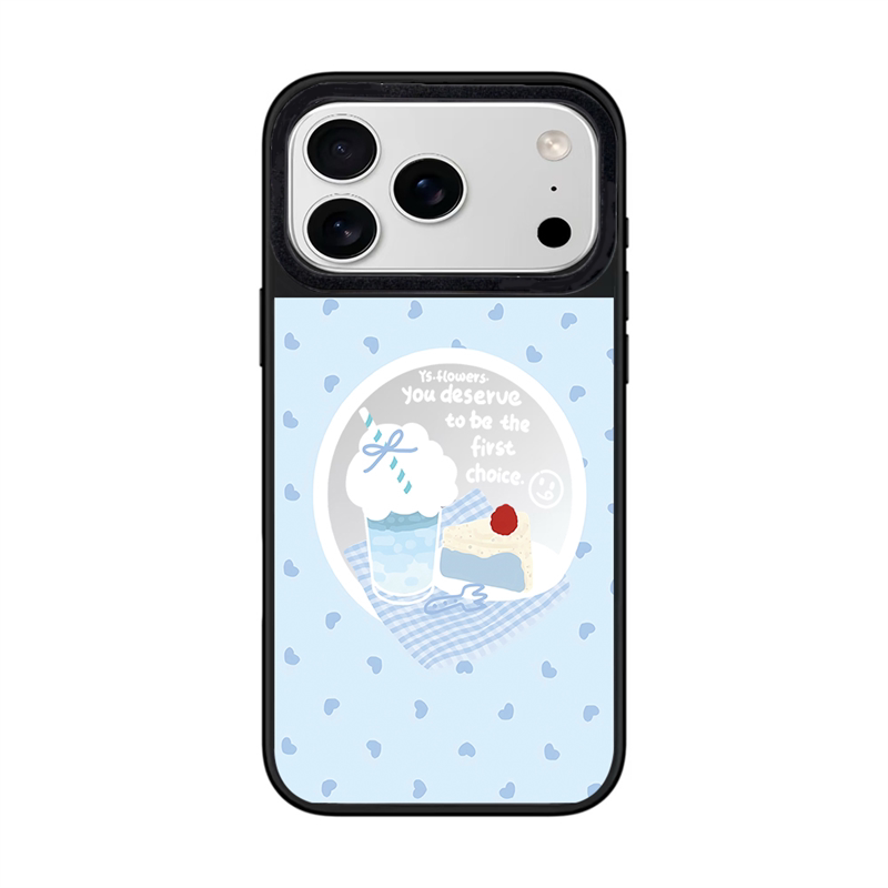 Cute light blue heart-patterned phone case for iPhone 17 Pro Max featuring a kawaii sticker doodle of a cream soda, blueberry cheesecake slice, and the inspirational quote, "you deserve to be the first choice."