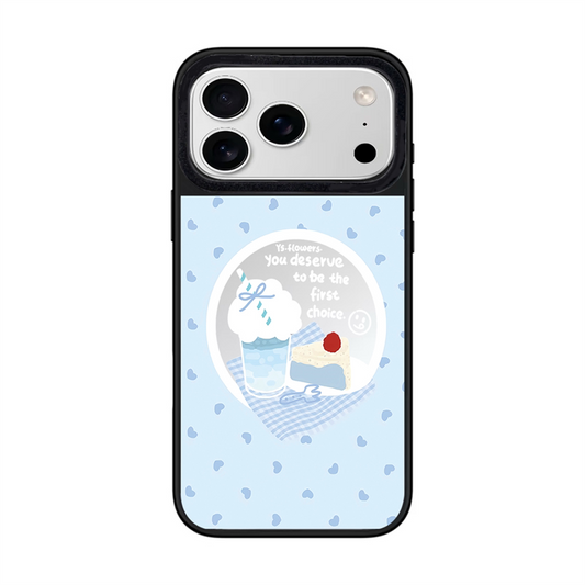 Cute light blue heart-patterned phone case for iPhone 17 Pro Max featuring a kawaii sticker doodle of a cream soda, blueberry cheesecake slice, and the inspirational quote, "you deserve to be the first choice."