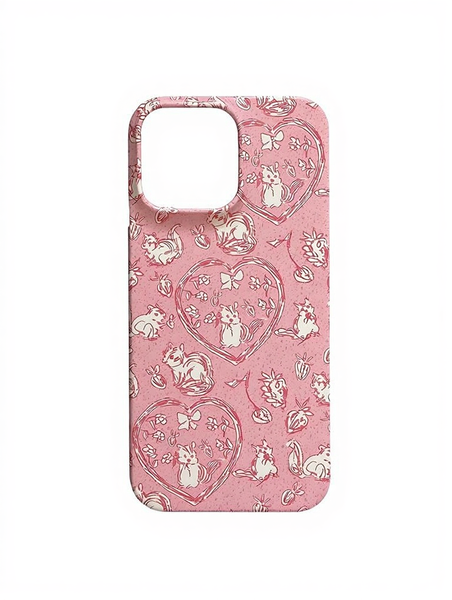 CasePoppi Sweetheart Critters Phone Case in Pink, featuring aesthetic heart illustrations, vintage squirrels, and bunnies in a cottagecore collage design.