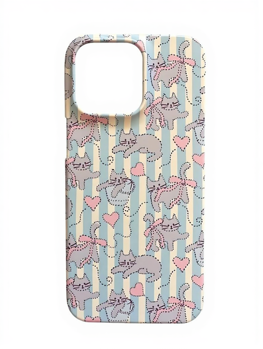 CasePoppi Sweetheart Critters Phone Case in Blue, featuring a blue and white vertical stripe pattern with cute ribbon-wearing kittens and pink heart accents.