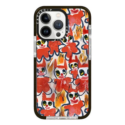 Bold indie-art phone case featuring repetitive red graffiti-style characters with yellow eyes and fiery starburst accents.