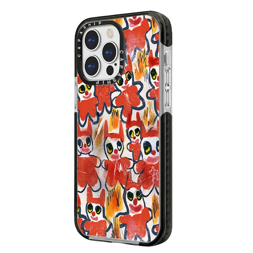 Abstract streetwear-inspired iPhone case with chaotic, expressive red character doodles and hand-drawn stars for a unique underground vibe.