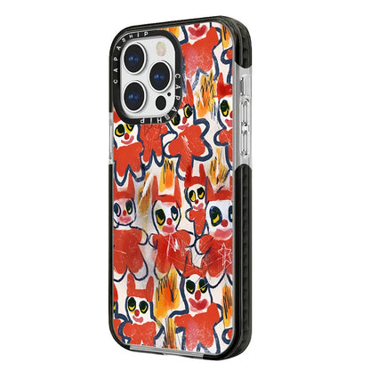 Abstract streetwear-inspired iPhone case with chaotic, expressive red character doodles and hand-drawn stars for a unique underground vibe.