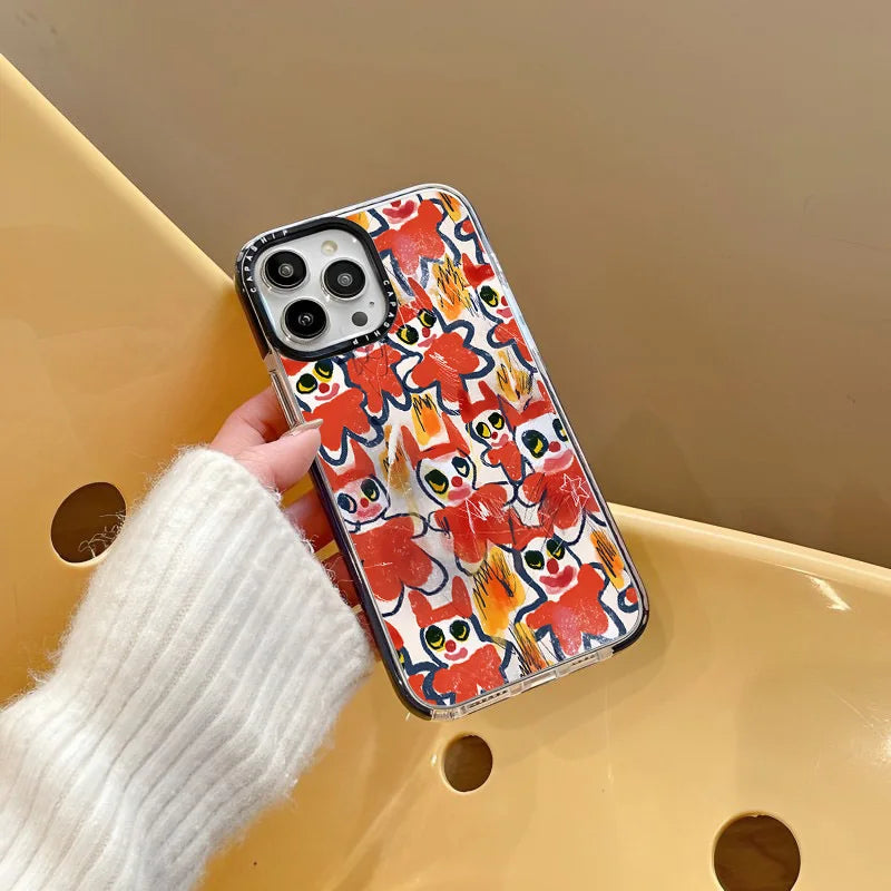 High-energy red and orange character pattern phone cover with a distressed