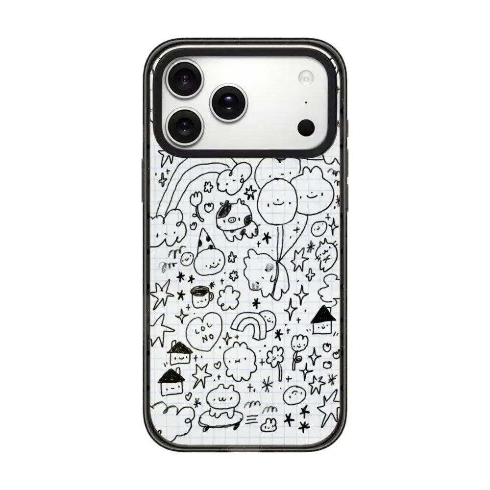 A fun and playful black and white phone case featuring cute doodles, including clouds, stars, hearts, and animals. Perfect for those who love a quirky and creative design.