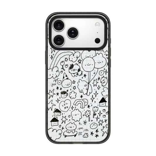 A fun and playful black and white phone case featuring cute doodles, including clouds, stars, hearts, and animals. Perfect for those who love a quirky and creative design.