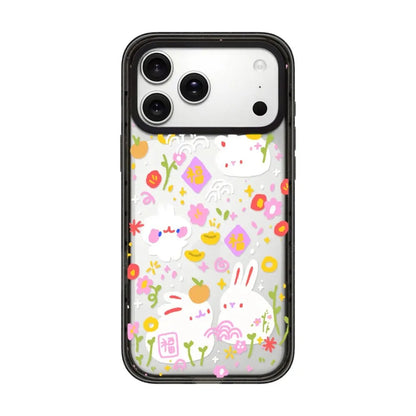 Lunar New Year themed phone case for iPhone 17 Pro Max featuring cute white bunnies with Chinese "Fu" lucky character symbols and golden ingots