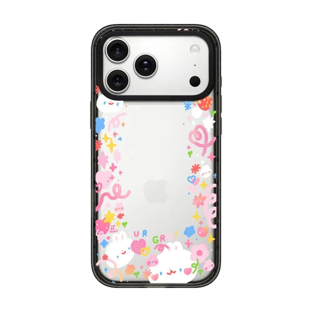 MagSafe compatible clear phone case for iPhone 17 featuring a vibrant mix of pastel doodles including white kittens, colorful stars, and pink squiggles