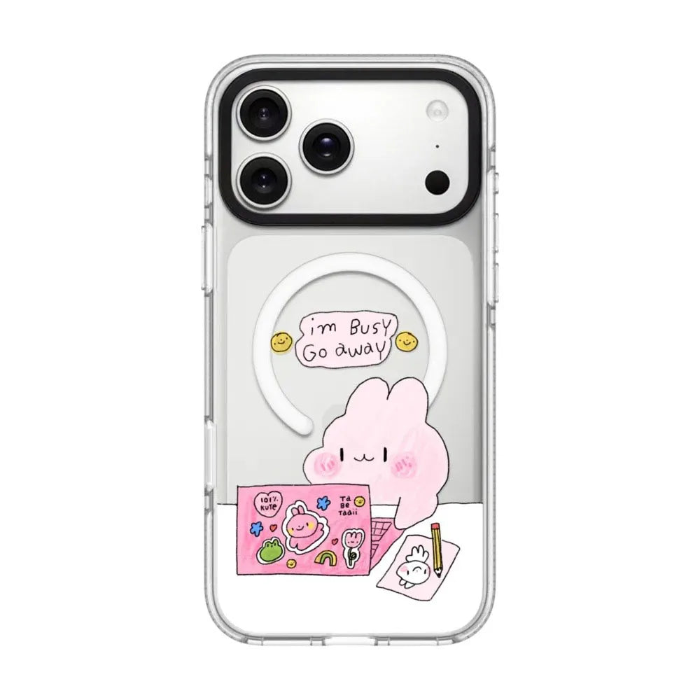 Relatable mood pink rabbit doodle phone case for iPhone featuring sarcastic i am busy quote and cute sticker aesthetic on transparent back