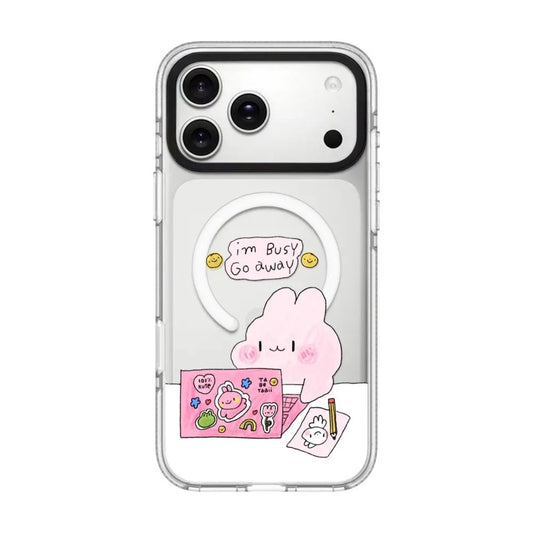 Relatable mood pink rabbit doodle phone case for iPhone featuring sarcastic i am busy quote and cute sticker aesthetic on transparent back