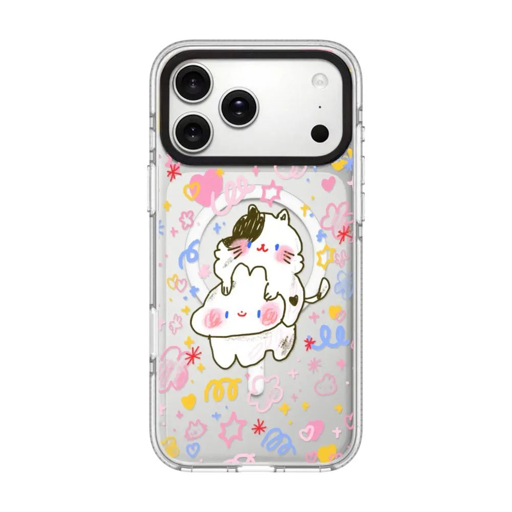 Kawaii Y2K aesthetic iPhone case with transparent back featuring adorable cat and rabbit portrait with stars swirls and heart doodles for women and girls