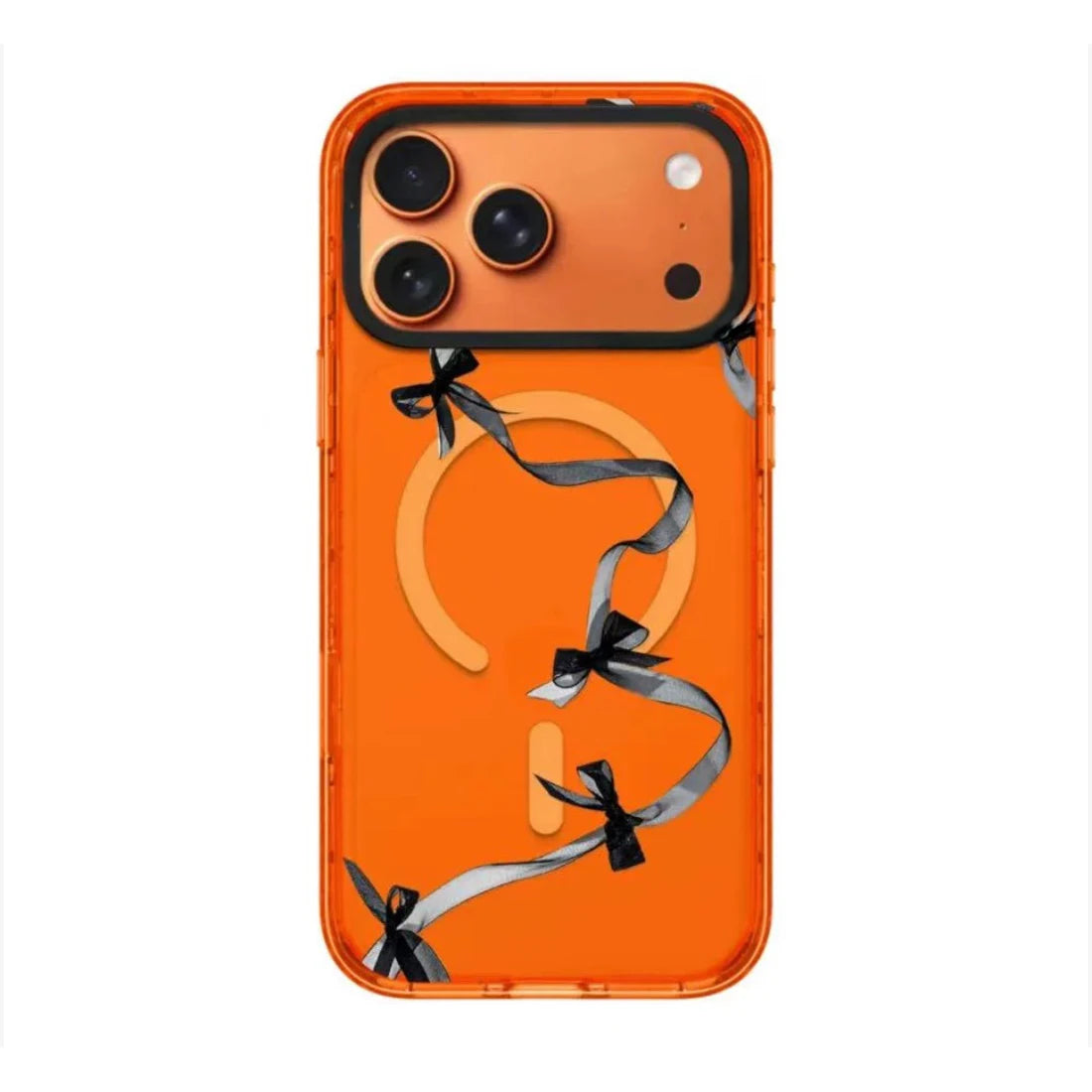 Coquette aesthetic MagSafe phone case for iPhone 17 Pro Max featuring neon orange translucent back with dainty black ribbon bow graphics