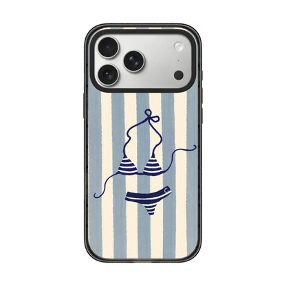 Summer beach mirror phone case for iPhone 17 Pro Max featuring navy blue striped bikini illustration on light blue vertical stripes background