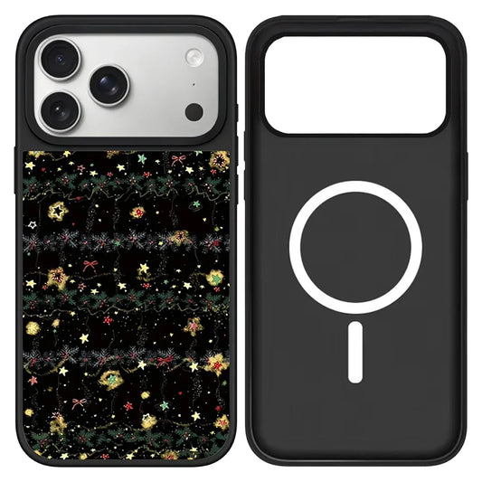 Dark coquette style mirror phone case for girls featuring dainty star and ribbon pattern with glittery gold accents and black bumper