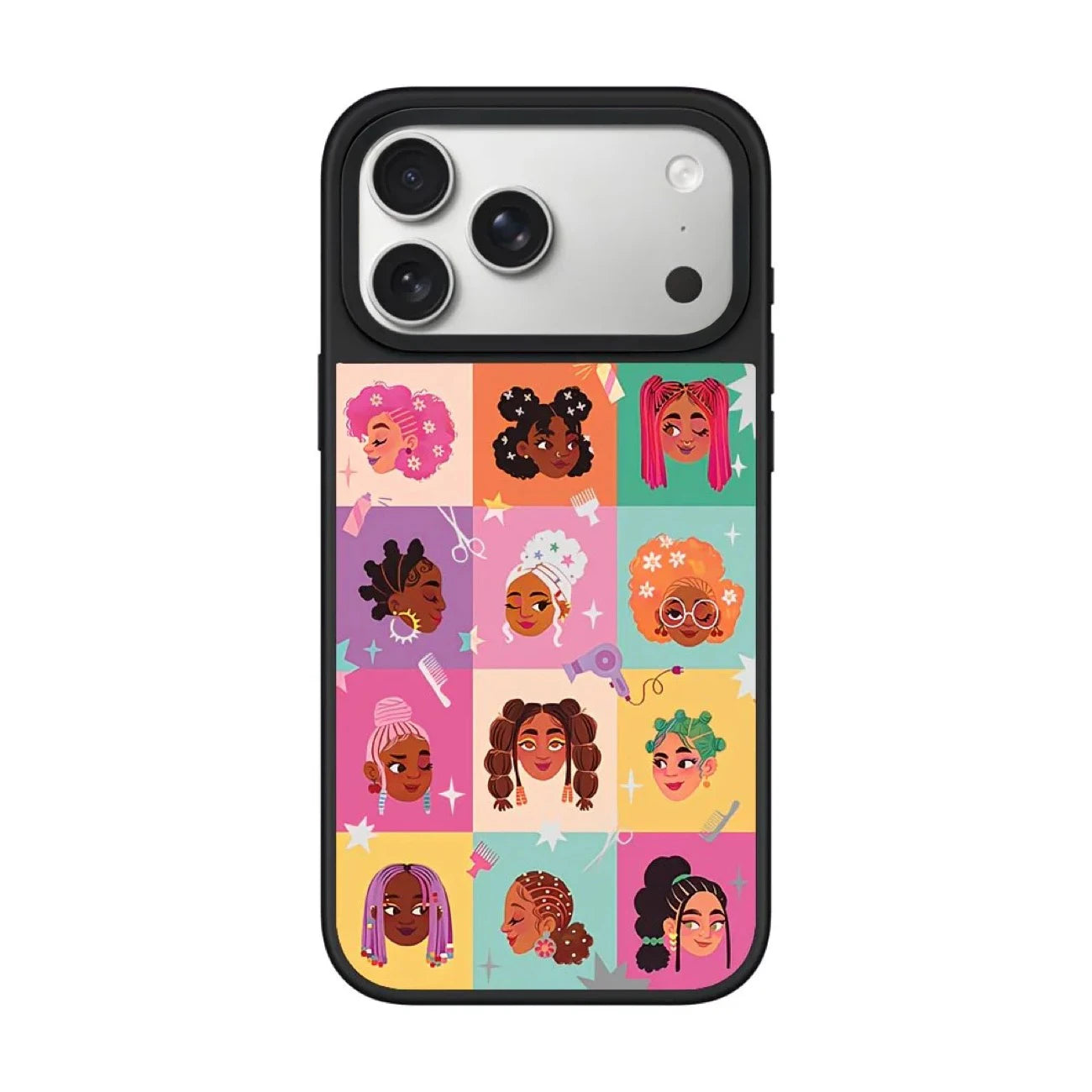 Diverse Black girl magic phone case for iPhone 17 Pro Max featuring colorful mosaic of Black women with natural natural hair braids locs and fros