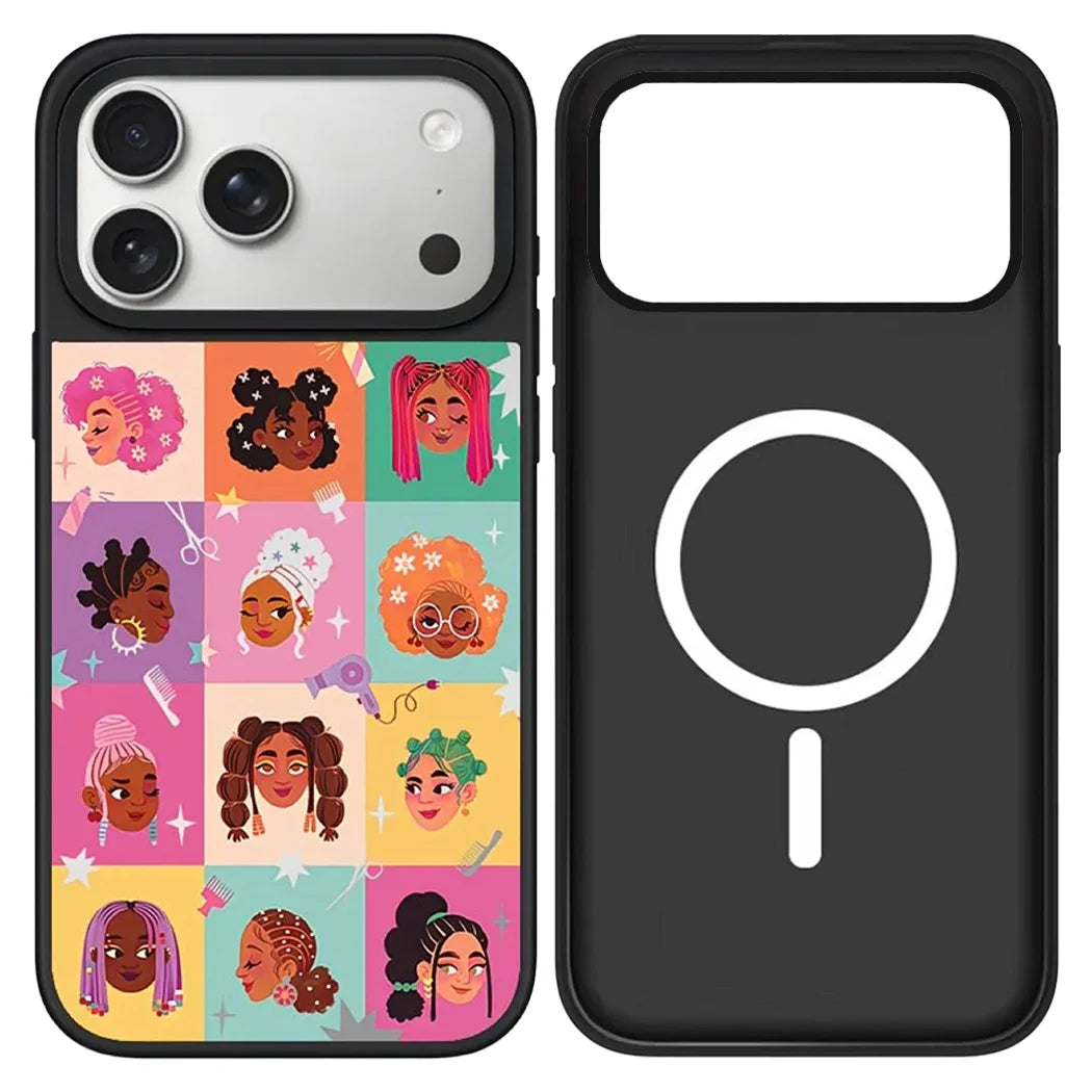 Cute and preppy hair stylist phone case featuring colorful grid of Black women portraits and beauty tools like hair dryers and scissors for iPhone