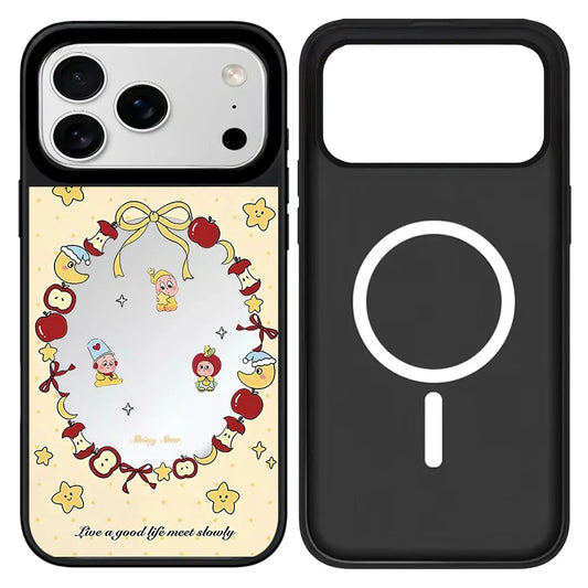 Kawaii style mirror phone case with whimsical red apple and moon wreath design cute character print for iPhone 13 14 15 16 17 series