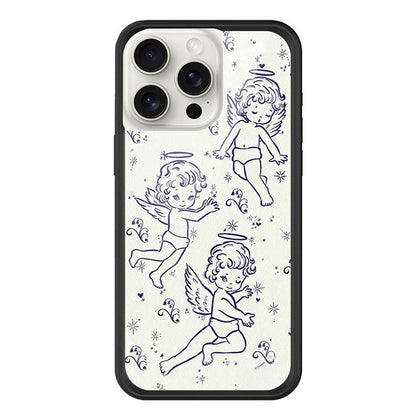 Minimalist Blue Line Art iPhone 16 Pro Max Case featuring Renaissance Style Cherubs and Sparkling Stars Sketchy Tattoo Aesthetic Back Cover