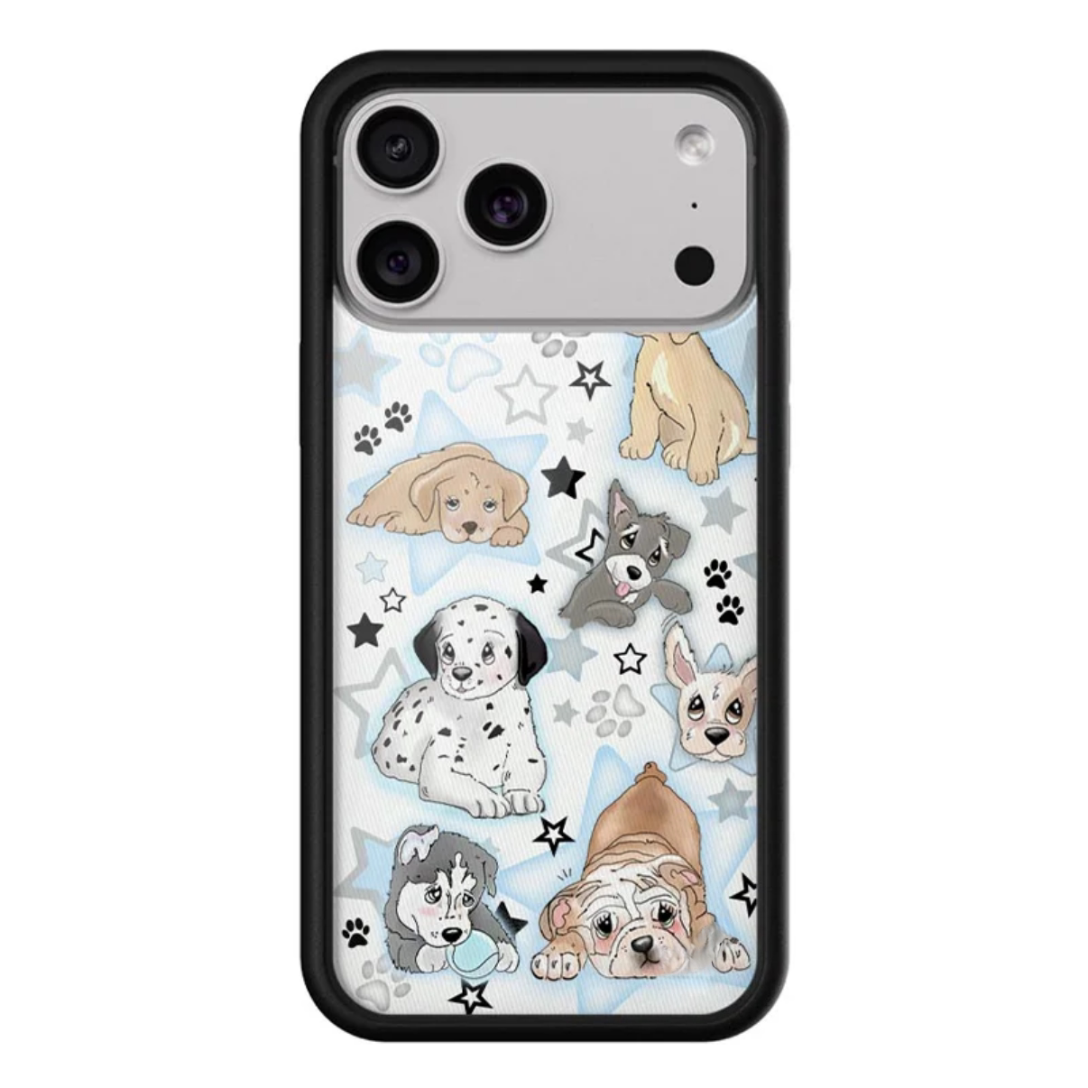 Adorable Puppy Parade iPhone 17 Pro Max Case featuring Dalmatians, Schnauzers, and Bulldogs on a Starry Blue Background Playful Pet Themed Cover.