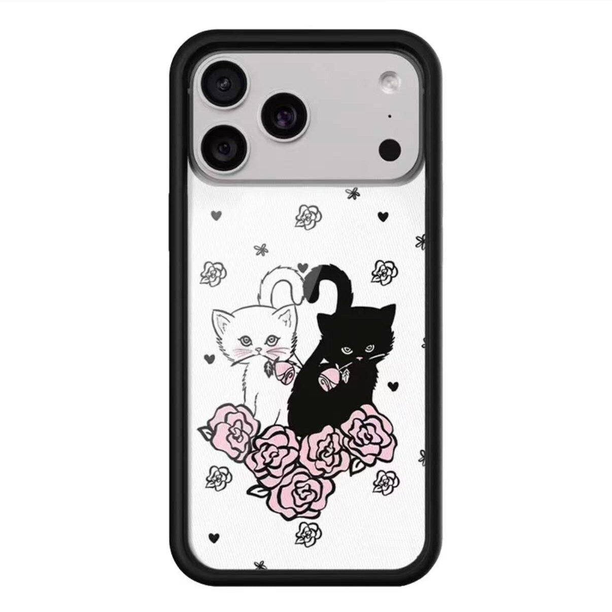 Minimalist iPhone 17 Pro Max Case with Monochrome Black and White Kittens Coquette Aesthetic featuring Pink Rose Bouquet and Romantic Heart Doodles Sketchy Art Style Protective Cover.