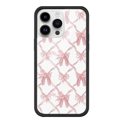 iPhone 16 Pro Max maximalist pattern back cover with intricate pink bows and ballet slippers forming a lattice design unique stylish accessory with a glossy finish