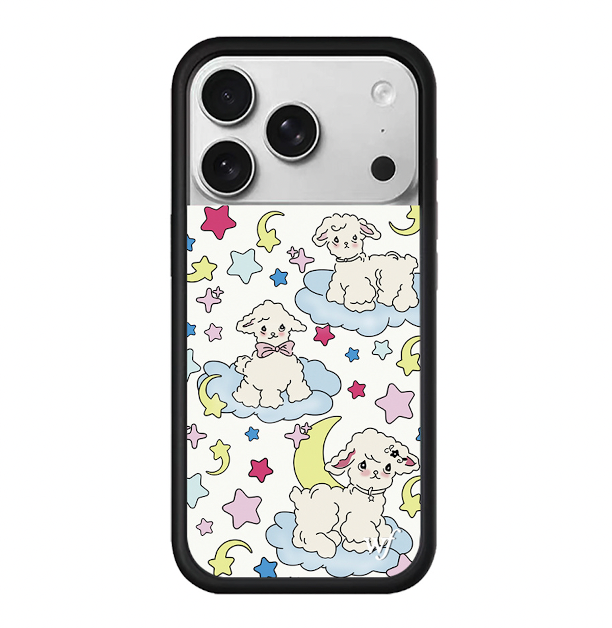 Whimsical Storybook Style iPhone 17 Pro Max Case with Adorable Fluffy Lambs Floating on Pastel Clouds Retro Moon and Star Graphics High-Definition Printing