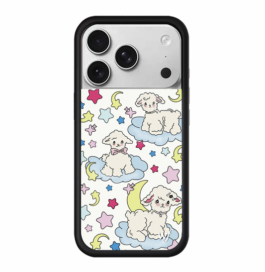 Whimsical Storybook Style iPhone 17 Pro Max Case with Adorable Fluffy Lambs Floating on Pastel Clouds Retro Moon and Star Graphics High-Definition Printing