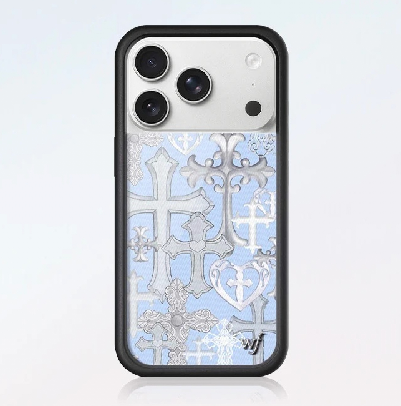 Y2K Aesthetic Chrome Cross iPhone 17 Pro Max Case Maximalist Pattern featuring Mylar Heart Pendants and Spiky Stars Retro Futuristic Phone Apparel with Glossy Finish