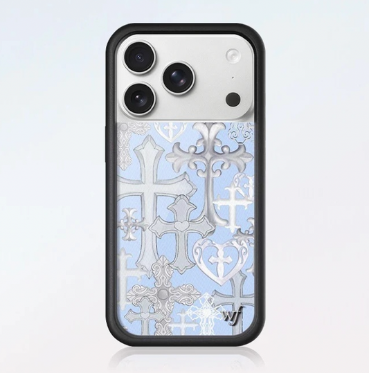 Y2K Aesthetic Chrome Cross iPhone 17 Pro Max Case Maximalist Pattern featuring Mylar Heart Pendants and Spiky Stars Retro Futuristic Phone Apparel with Glossy Finish