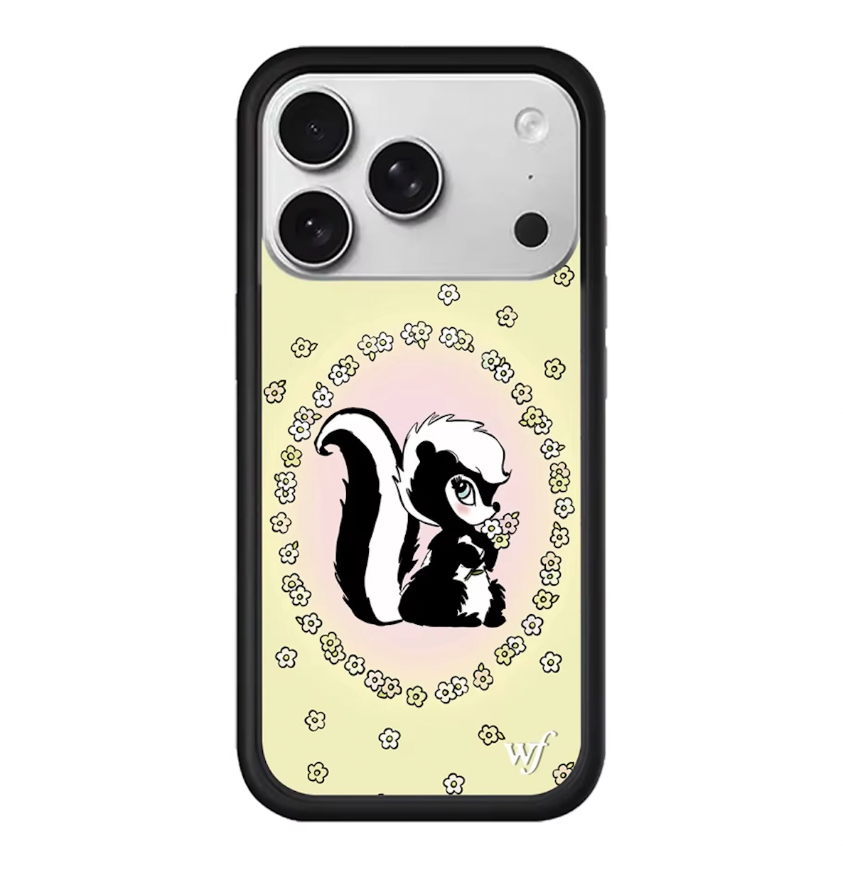 Quirky iPhone 17 Pro Max Case featuring a Retro Cartoon Skunk Holding Flowers Sweet Animal Illustration within a Daisy Border Pastel Yellow Cover