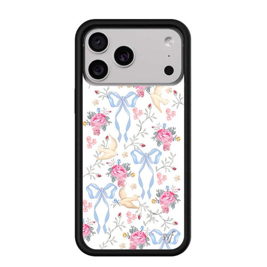 Whimsical Classic Floral iPhone 17 Pro Max Case with Dainty White Doves and Light Blue Bow Decal Print Charming Protective Cover for Romantic Teens
