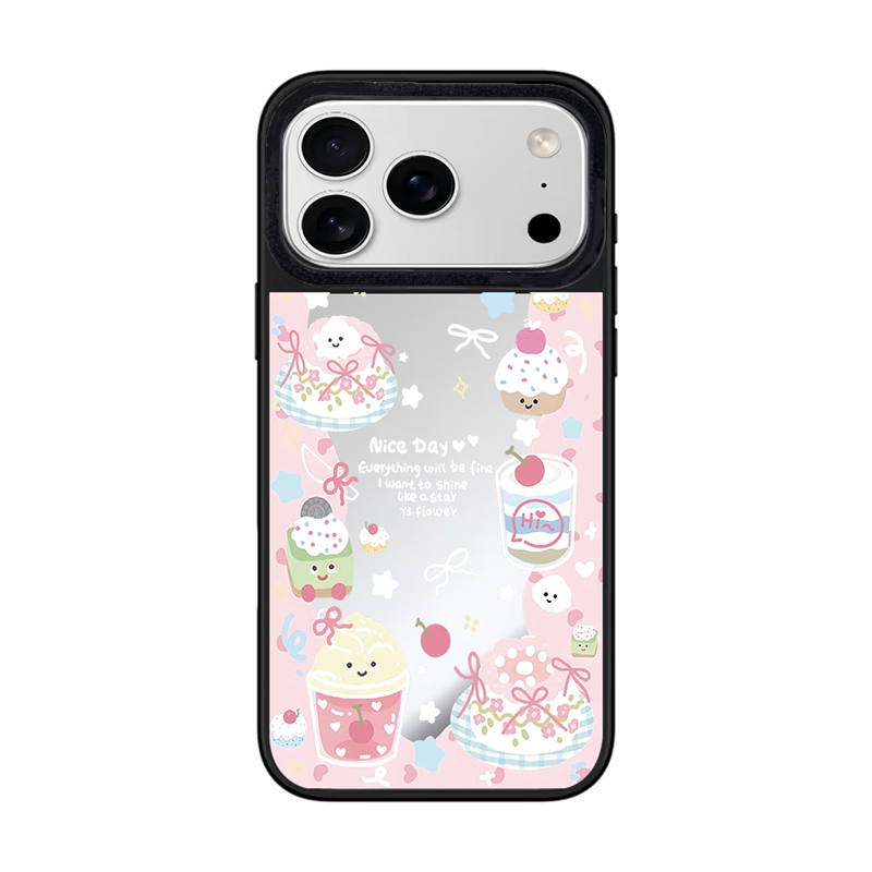 Whimsical Pink Mirror Phone Case for iPhone 17 Pro Max featuring Dainty Dessert Doodles Kawaii Sweet Treats Protective Cover for Girl